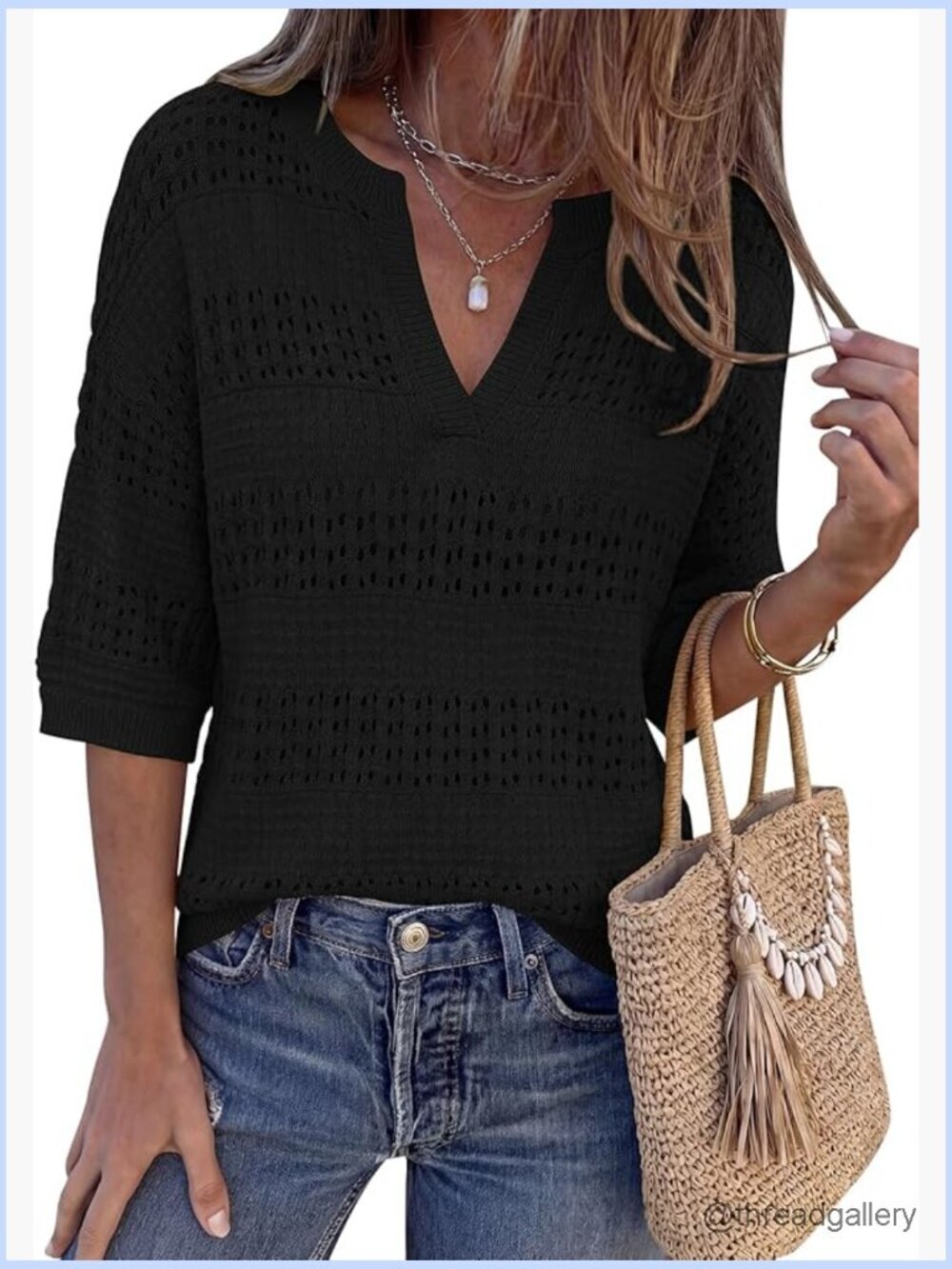 Crochet Knit Oversized Sweater - Short Sleeve Hollow Out V-Neck Pullover